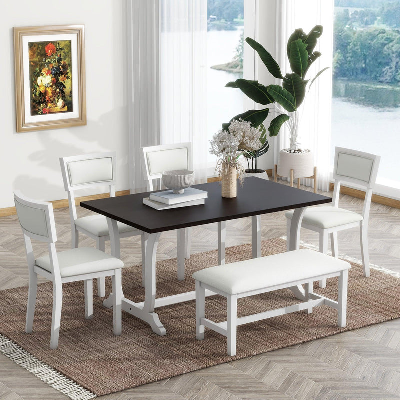 TOPMAX Farmhouse 6-Piece Trestle Dining Table Set with Upholstered Dining Chairs and Bench, 59inch, White - Supfirm