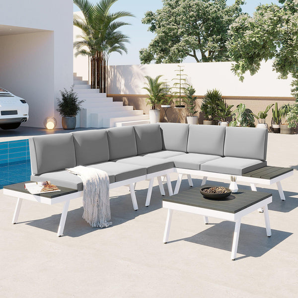 TOPMAX Industrial 5-Piece Aluminum Outdoor Patio Furniture Set, Modern Garden Sectional Sofa Set with End Tables, Coffee Table and Furniture Clips for Backyard, White+Grey - Supfirm