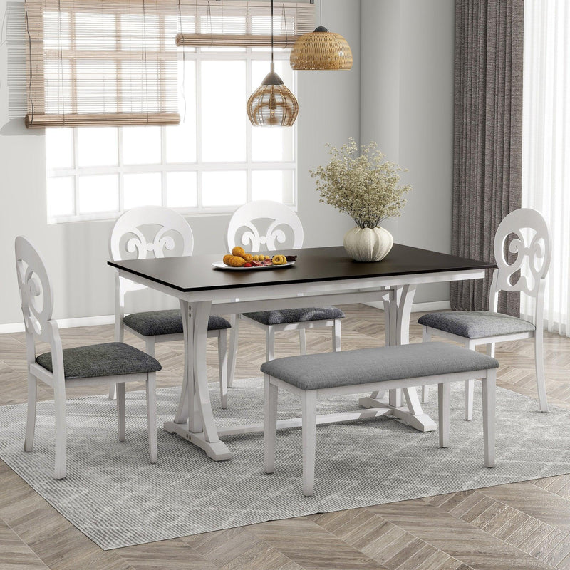 TOPMAX Mid-Century 6-Piece Trestle Table Set with Victorian Round Upholstered Dining Chairs and Long Bench, Gray+Antique White - Supfirm