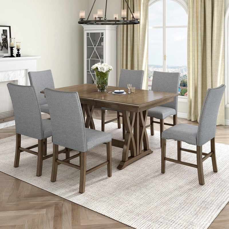 TOPMAX Mid-Century Solid Wood 7-Piece Dining Table Set Extendable Kitchen Table Set with Upholstered Chairs and 12" Leaf for 6, Golden Brown+Gray Cushion - Supfirm