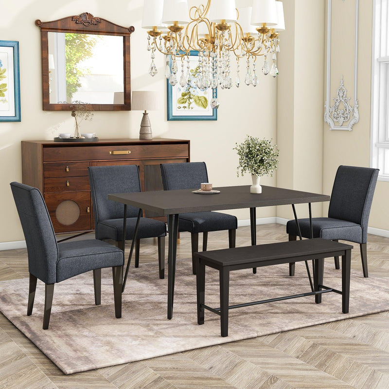 TOPMAX Modern 6-Piece Dining Table Set with V-Shape Metal Legs, Wood Kitchen Table Set with 4 Upholstered Chairs and Bench for 6,Espresso - Supfirm