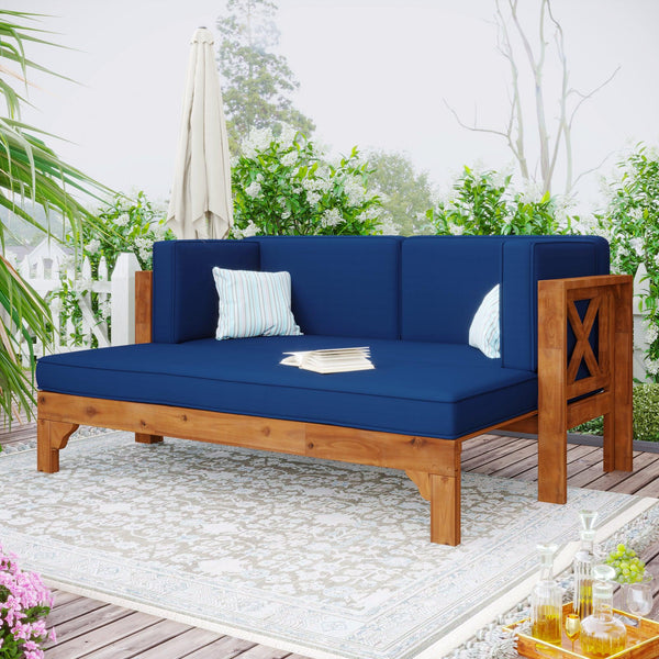 TOPMAX Outdoor Patio Extendable Wooden Sofa Set Sectional Furniture Set with Thick Cushions for Balcony,Backyard, Poolside, Brown Finish+Blue Cushion - Supfirm