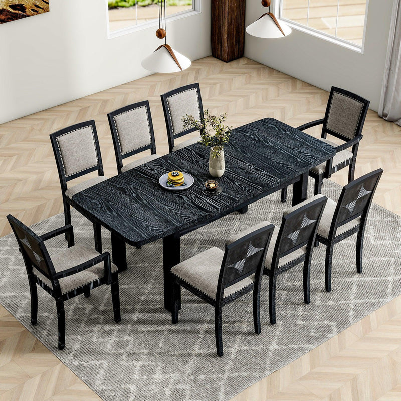 TOPMAX Rustic Extendable 84inch Dining Table Set with 24inch Removable Leaf , 6 Upholstered Armless Dining Chairs and 2 Padded Arm Chairs, 9 Pieces, Black - Supfirm