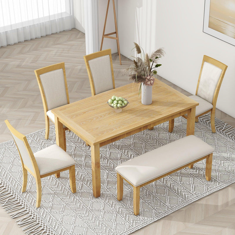 TOPMAX Rustic Solid Wood 6-piece Dining Table Set, PU Leather Upholstered Chairs and Bench, Natural Wood Wash - Supfirm