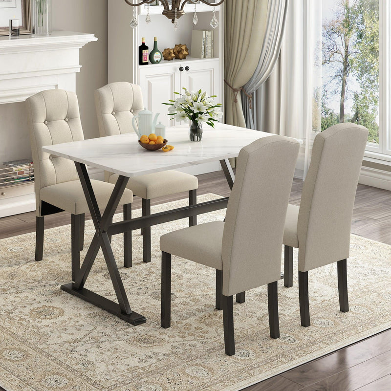 TOPMAX Solid Wood 5-Piece Dining Table Set with Faux Marble Tabletop and Upholstered Dining Chairs for 4, Faux Marble White+Beige - Supfirm