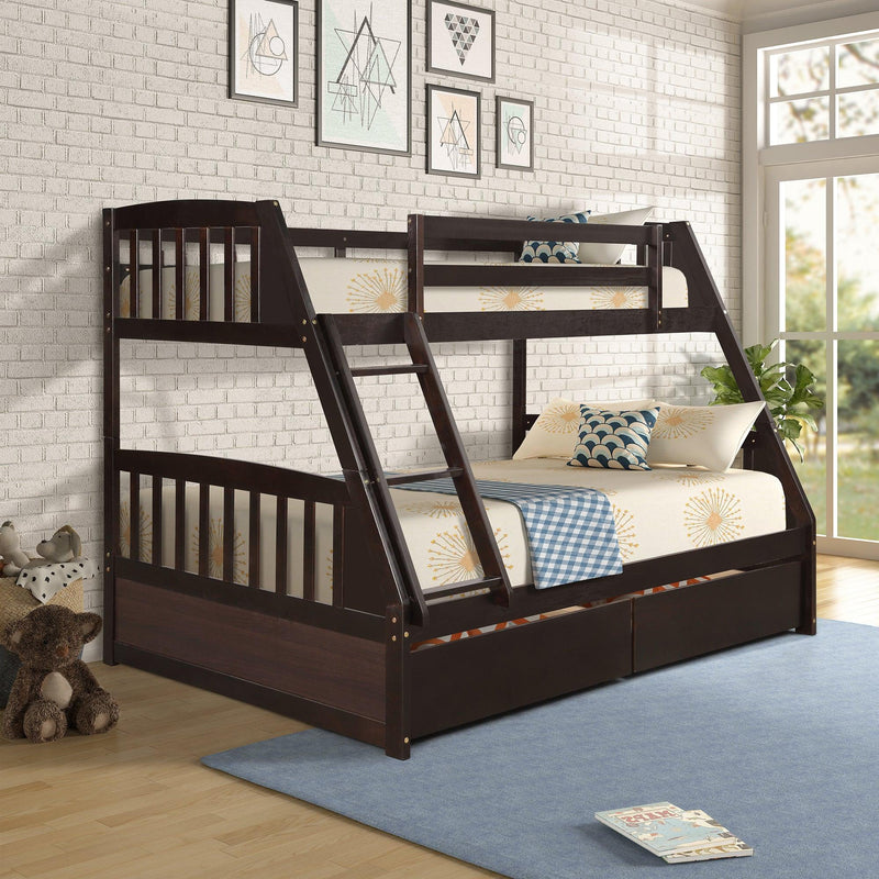 TOPMAX Solid Wood Twin Over Full Bunk Bed with Two Storage Drawers, Espresso - Supfirm