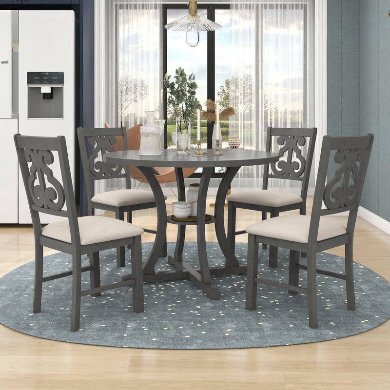 TREXM 5-Piece Round Dining Table and Chair Set with Special-shaped Legs and an Exquisitely Designed Hollow Chair Back for Dining Room (Gray) - Supfirm