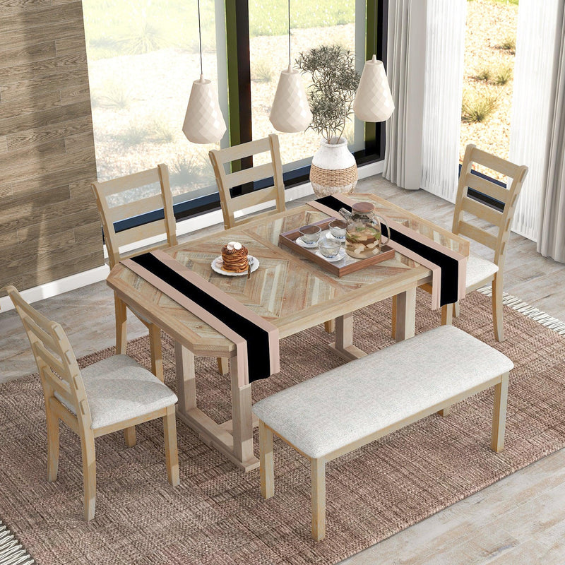 TREXM 6-Piece Rubber Wood Dining Table Set with Beautiful Wood Grain Pattern Tabletop Solid Wood Veneer and Soft Cushion (Natural Wood Wash) - Supfirm