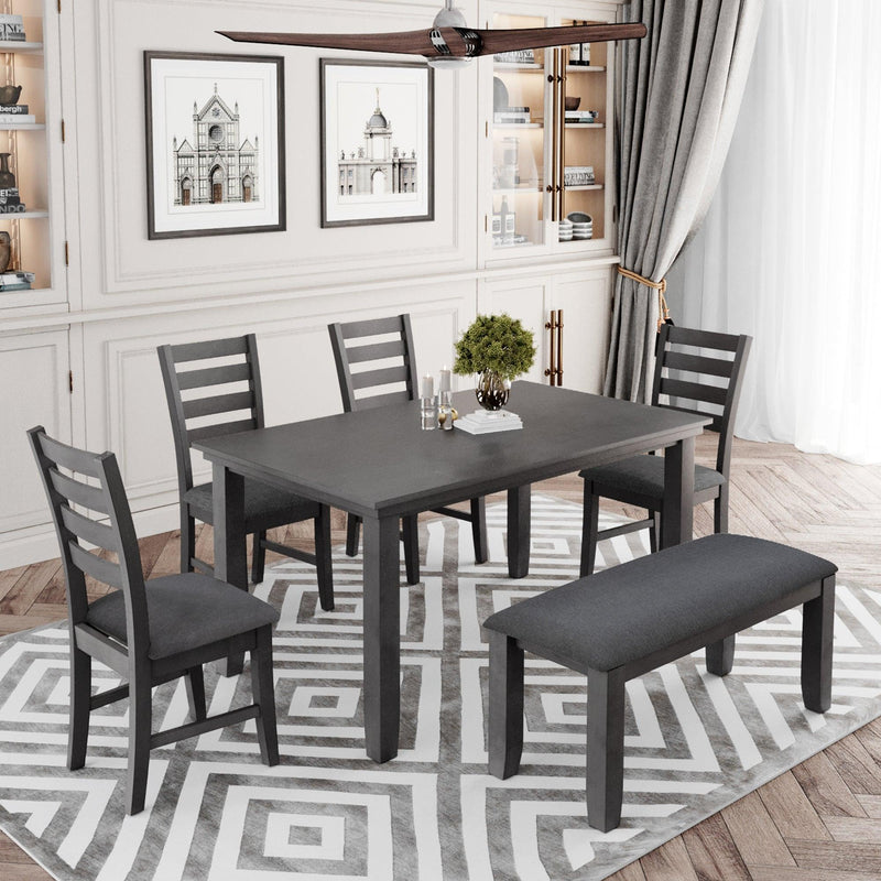 TREXM Dining Room Table and Chairs with Bench, Rustic Wood Dining Set, Set of 6 (Gray) - Supfirm