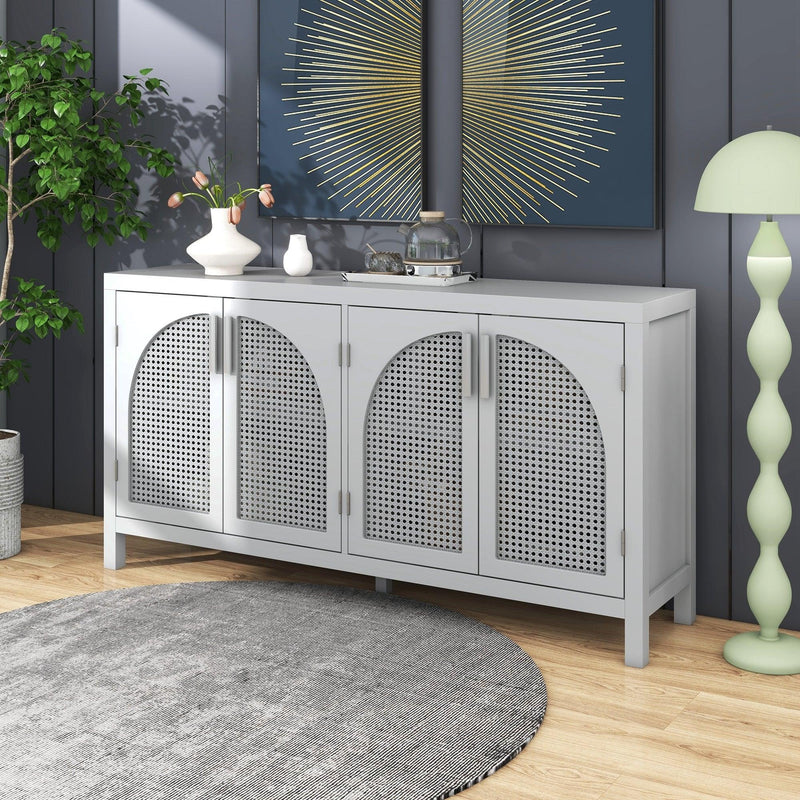 TREXM Large Storage Space Sideboard with Artificial Rattan Door and Metal Handles for Living Room and Entryway (Gray) - Supfirm