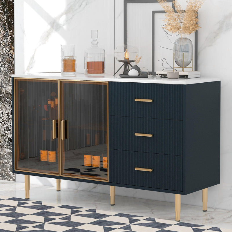 TREXM Modern Sideboard MDF Buffet Cabinet Marble Sticker Tabletop and Amber-yellow Tempered Glass Doors with Gold Metal Legs & Handles (Navy Blue) - Supfirm