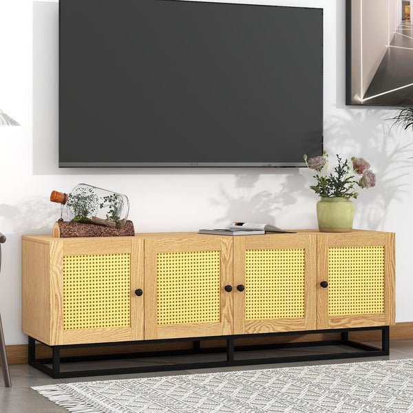 Supfirm TV Stand Entertainment Cabinet with 4 Textured Rattan Doors and 2 Adjustable Panels, Wooden Farmhouse TV Console Table for TVs up to 65inches , Light Brown - Supfirm