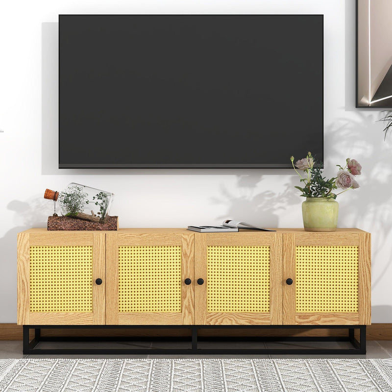 Supfirm TV Stand Entertainment Cabinet with 4 Textured Rattan Doors and 2 Adjustable Panels, Wooden Farmhouse TV Console Table for TVs up to 65inches , Light Brown - Supfirm