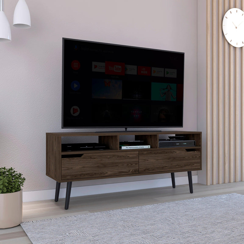 Tv Stand for TV´s up 52" Bull, Three Open Shelves, Two Flexible Drawers, Dark Walnut Finish - Supfirm