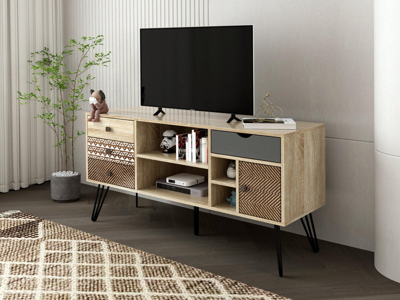 Supfirm TV Stand with Storage Cabinet and Shelves, TV Console Table for Living Room,bohemian style - Supfirm