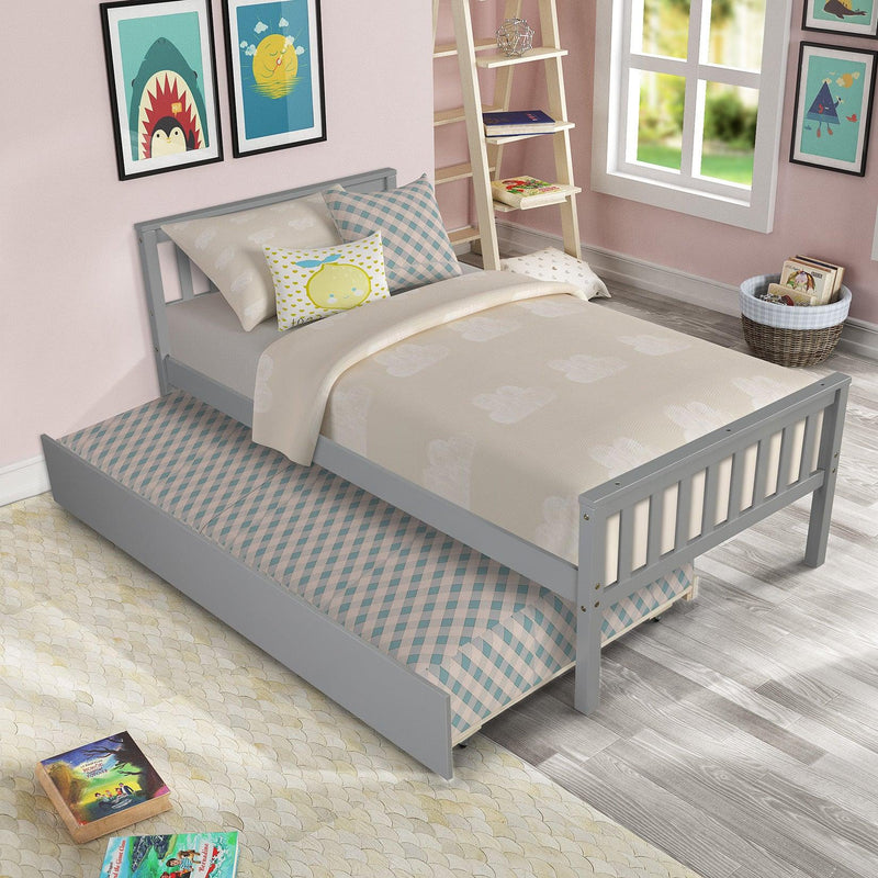 Twin Bed with Trundle, Platform Bed Frame with Headboard and Footboard, for Bedroom Small Living Space,No Box Spring Needed,Grey - Supfirm