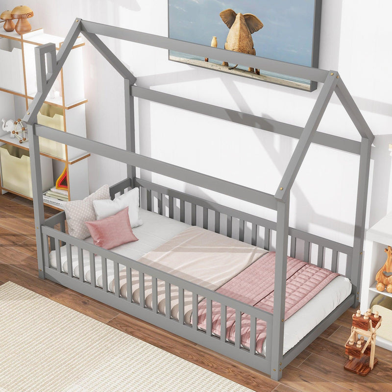 Twin House Bed with Guardrails, Slats ,Grey - Supfirm