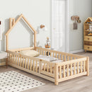 Twin House-Shaped Headboard Floor Bed with Fence
,Natural - Supfirm