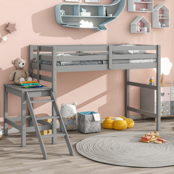 Twin Loft Bed with Platform,ladder,Grey - Supfirm