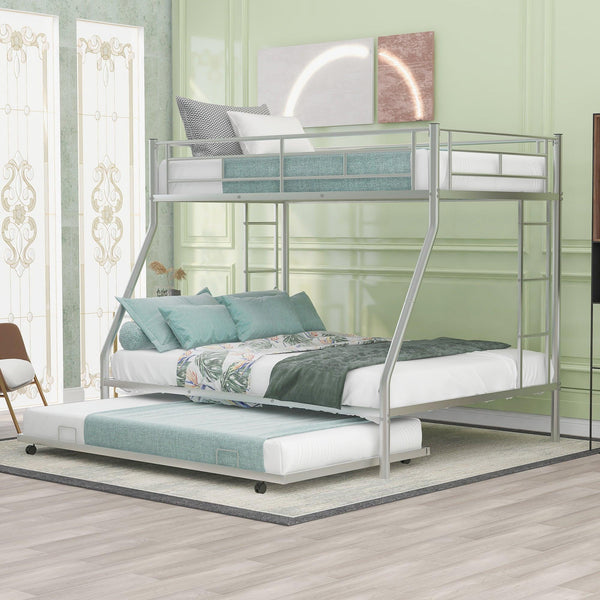 Twin over Full Bed with Sturdy Steel Frame, Bunk Bed with Twin Size Trundle, Two-Side Ladders, Silver(OLD SKU:MF194424AAN) - Supfirm