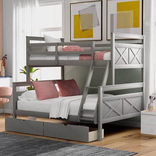 Twin over Full Bunk Bed with Ladder, Two Storage Drawers, Safety Guardrail, Gray - Supfirm