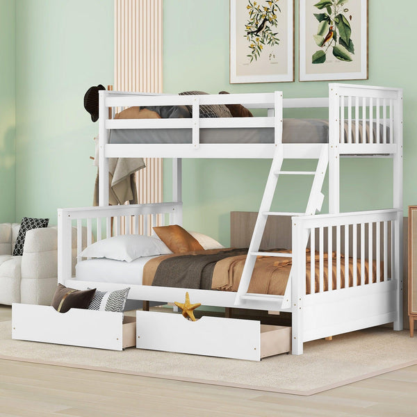 Twin-Over-Full Bunk Bed with Ladders and Two Storage Drawers (White){old sku:LT000165AAK} - Supfirm