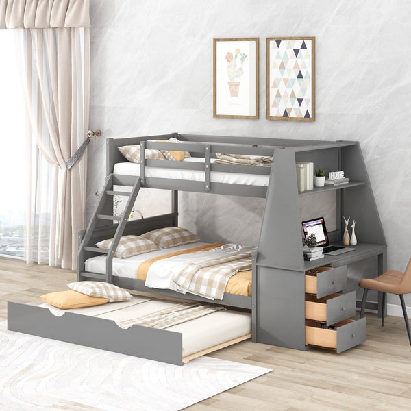 Twin over Full Bunk Bed with Trundle and Built-in Desk, Three Storage Drawers and Shelf,Gray - Supfirm