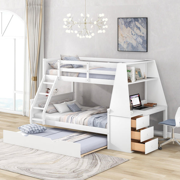 Twin over Full Bunk Bed with Trundle and Built-in Desk, Three Storage Drawers and Shelf,White - Supfirm