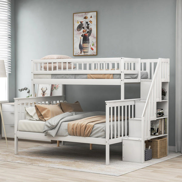 Twin over Full Stairway Bunk Bed with storage, White - Supfirm