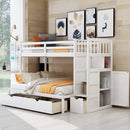 Twin over Full/Twin Bunk Bed, Convertible Bottom Bed, Storage Shelves and Drawers, White - Supfirm