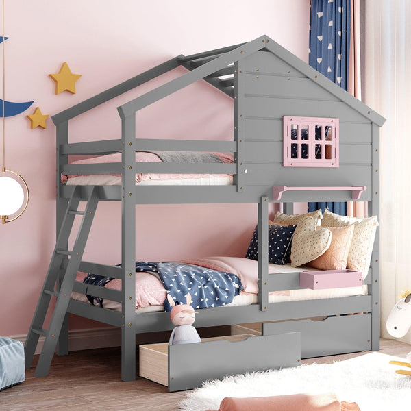 Twin over Twin Bunk Bed with 2 Drawers, 1 Storage Box, 1 Shelf, Window and Roof-Gray(OLD SKU:LT000608AAE) - Supfirm