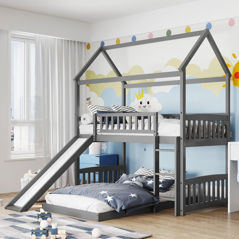 Twin Over Twin Bunk Bed with Slide, House Bed with Slide, Gray(OLD SKU: LT000214AAE) - Supfirm