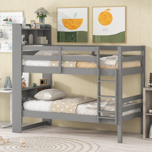 Twin Over Twin Bunk Beds with Bookcase Headboard, Solid Wood Bed Frame with Safety Rail and Ladder, Kids/Teens Bedroom, Guest Room Furniture, Can Be converted into 2 Beds, Grey - Supfirm