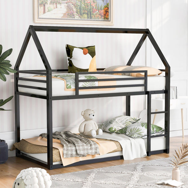 Twin over Twin House Bunk Bed with Built-in Ladder,Black - Supfirm