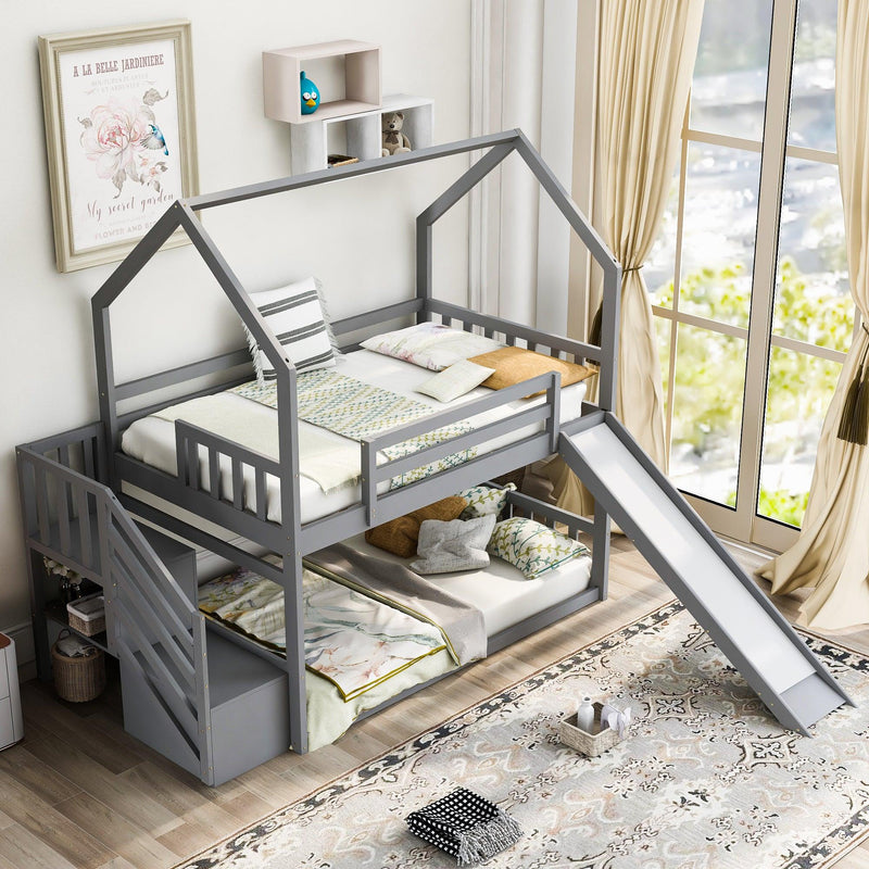 Twin over Twin House Bunk Bed with Convertible Slide,Storage Staircase can be Placed Left or Right,Gray - Supfirm