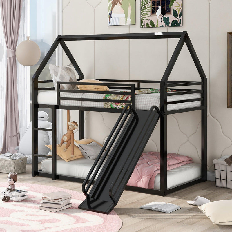 Twin over Twin House Bunk Bed with Ladder and Slide,Black - Supfirm