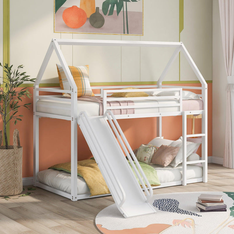 Twin over Twin House Bunk Bed with Ladder and Slide,White - Supfirm