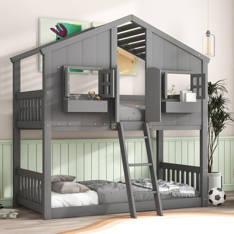 Twin over Twin House Bunk Bed with Roof , Window, Window Box, Door , with Safety Guardrails and Ladder, Grey - Supfirm