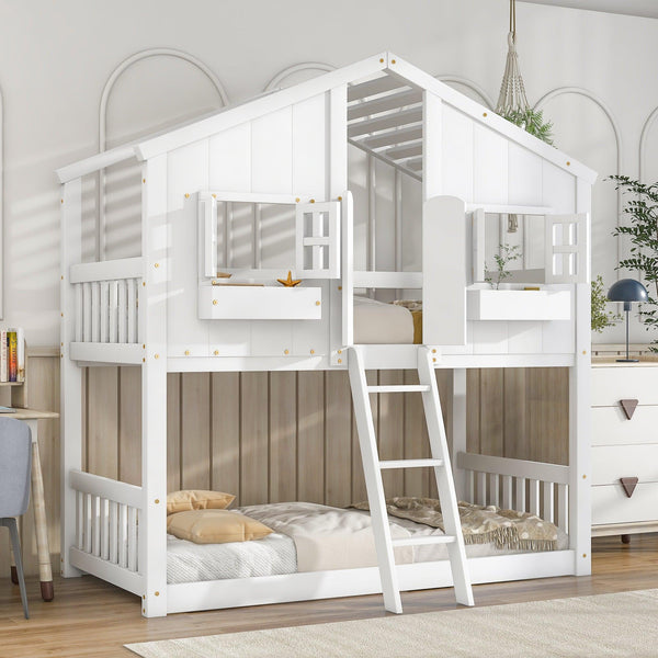 Twin over Twin House Bunk Bed with Roof , Window, Window Box, Door , with Safety Guardrails and Ladder,White - Supfirm