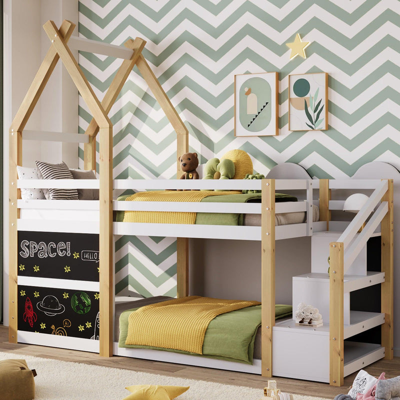 Twin over Twin House Bunk Bed with White Storage Staircase and 2 Blackboards, White and Natural - Supfirm