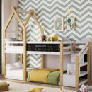 Twin over Twin House Bunk Bed with White Storage Staircase and Blackboard, White and Natural - Supfirm