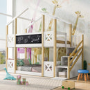 Twin over Twin House Bunk Bed with White Storage Staircase and Blackboards, White - Supfirm