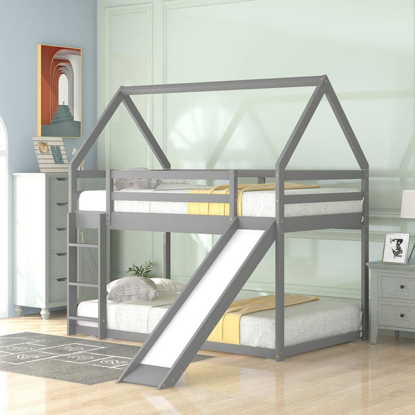 Twin Size Bunk House Bed with Slide and Ladder,Gray - Supfirm