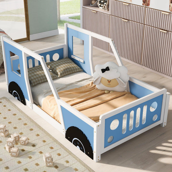 Twin Size Classic Car-Shaped Platform Bed with Wheels,Blue - Supfirm