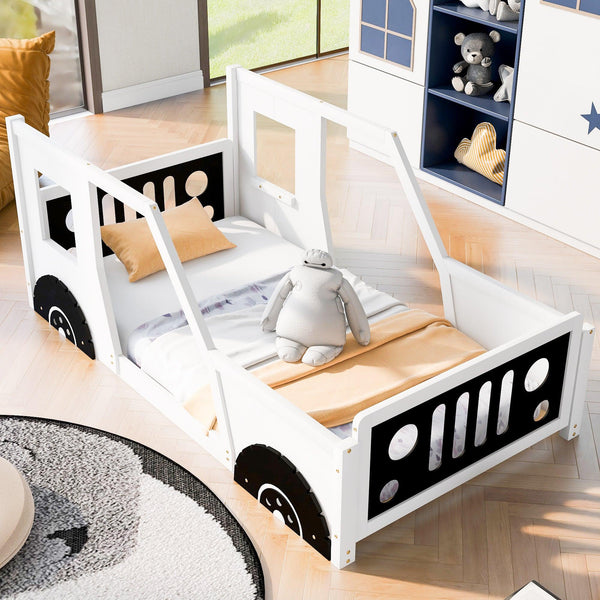 Twin Size Classic Car-Shaped Platform Bed with Wheels,White - Supfirm