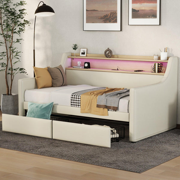 Twin Size Daybed with Storage Drawers, Upholstered Daybed with Charging Station and LED Lights, Beige (Expect arrive date: December 30th.) - Supfirm