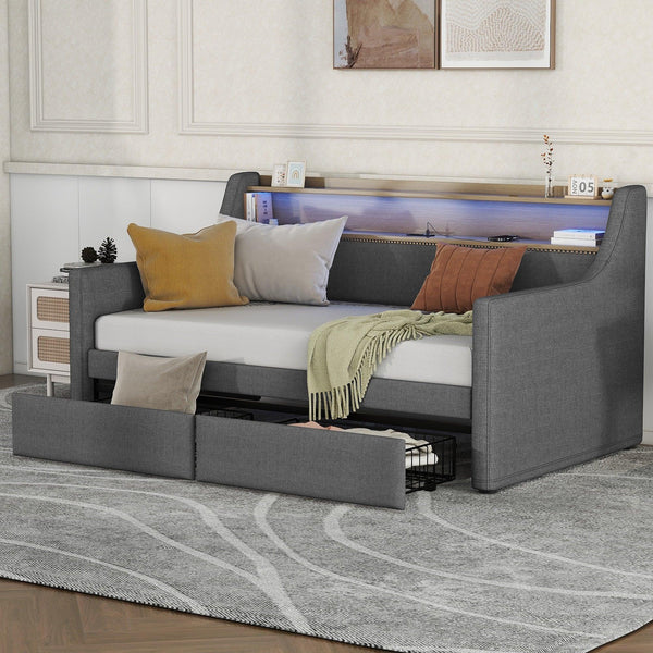 Twin Size Daybed with Storage Drawers, Upholstered Daybed with Charging Station and LED Lights, Gray (Expect arrive date: Jan 18th, 2024) - Supfirm