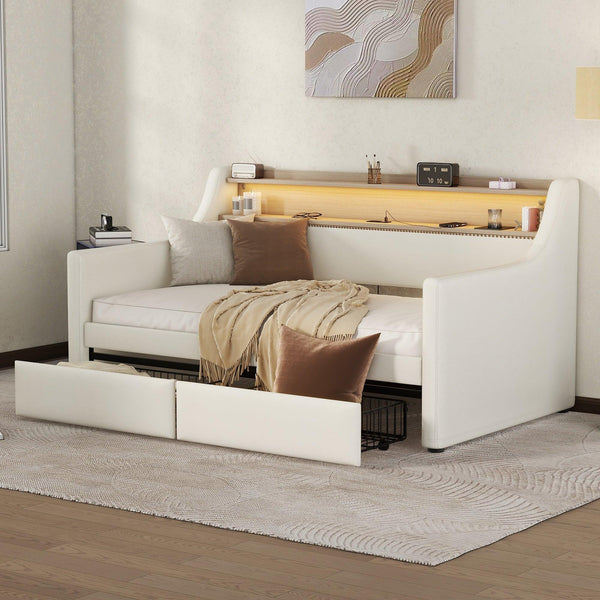 Twin Size Daybed with Storage Drawers, Upholstered Daybed with Charging Station and LED Lights, White - Supfirm