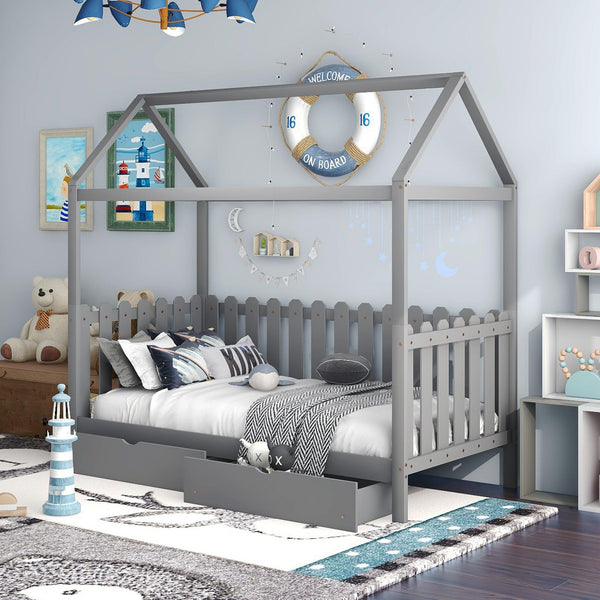 Twin Size House Bed with drawers, Fence-shaped Guardrail, Gray - Supfirm