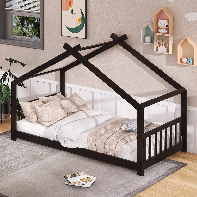 Twin Size House Bed Wood Bed, Espresso - Supfirm